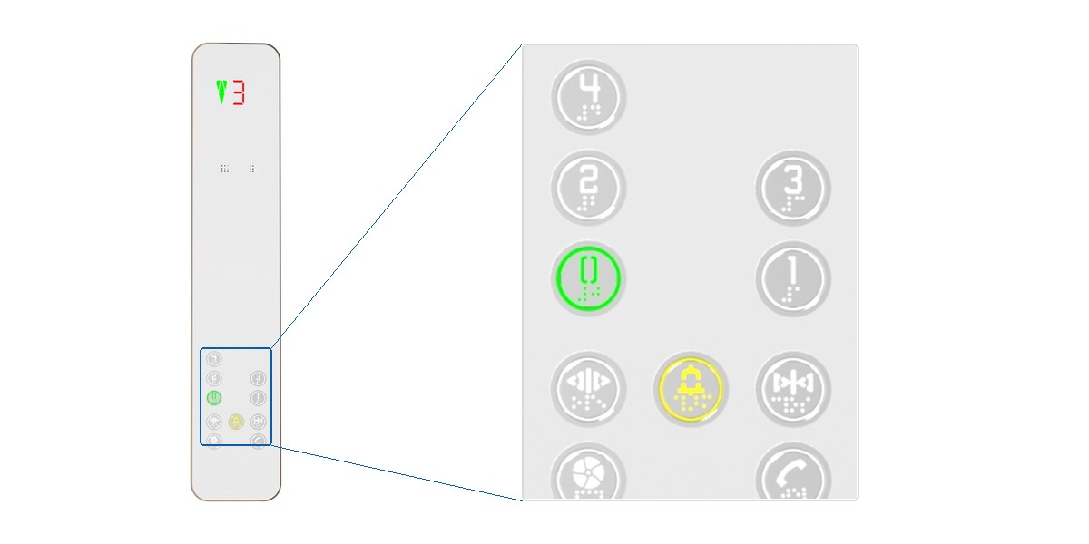 Asansör kabin kasetinde sarı halkalı, zil simgeli ve Braille yazılı alarm butonu